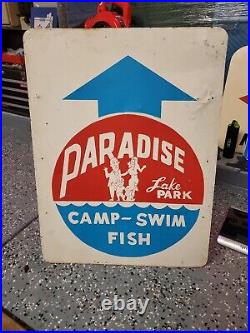 C. 1950s Original Vintage Paradise Lake Park Sign Metal Camp Swim Fish Rochester