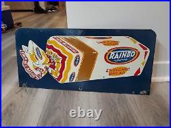 C. 1950s Original Vintage Rainbo Bread Sign Metal Rack Topper 2 Sided Grocery Gas