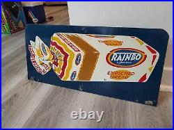 C. 1950s Original Vintage Rainbo Bread Sign Metal Rack Topper 2 Sided Grocery Gas