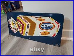 C. 1950s Original Vintage Rainbo Bread Sign Metal Rack Topper 2 Sided Grocery Gas