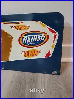 C. 1950s Original Vintage Rainbo Bread Sign Metal Rack Topper 2 Sided Grocery Gas