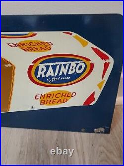 C. 1950s Original Vintage Rainbo Bread Sign Metal Rack Topper 2 Sided Grocery Gas