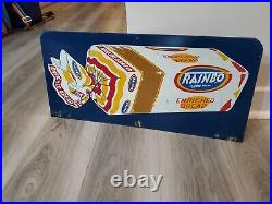 C. 1950s Original Vintage Rainbo Bread Sign Metal Rack Topper 2 Sided Grocery Gas