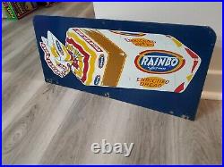 C. 1950s Original Vintage Rainbo Bread Sign Metal Rack Topper 2 Sided Grocery Gas