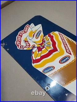 C. 1950s Original Vintage Rainbo Bread Sign Metal Rack Topper 2 Sided Grocery Gas