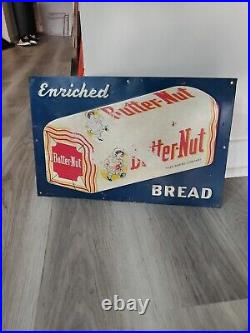 C. 1950s Original Vintage Rainbo Bread Sign Metal Rack Topper 2 Sided Grocery Gas