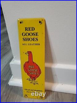 C. 1950s Original Vintage Red Goose Shoes Sign Metal Door Push Vertical Leather