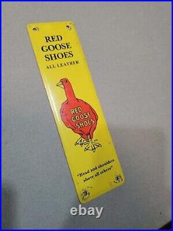 C. 1950s Original Vintage Red Goose Shoes Sign Metal Door Push Vertical Leather