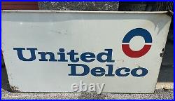 C. 1950s Original Vintage United AC Delco Sign Metal 2 Side Gas Oil Chevy GM