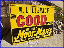 C. 1950s Original Vintage We Feed Moor Mans Feeds Sign Metal Farm Cow Dairy Hog
