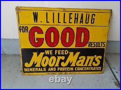 C. 1950s Original Vintage We Feed Moor Mans Feeds Sign Metal Farm Cow Dairy Hog