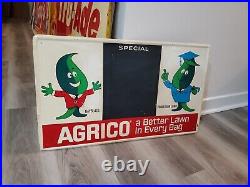 C. 1960s Original Vintage Agrico Lawn Sign Metal Fertilizer Sprinkler Graphics