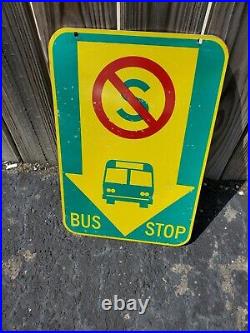 C. 1960s Original Vintage Detroit Bus Stop Sign Metal 2 Sided Gas Oil Transport