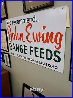 C. 1960s Original Vintage John Ewing Range Feeds Metal Sign Farm Dairy Cow Hog
