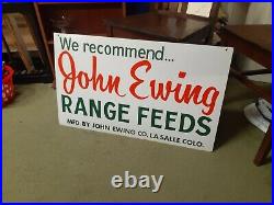C. 1960s Original Vintage John Ewing Range Feeds Sign Metal Farm Dairy Cow Hog