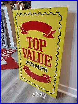C. 1960s Original Vintage Top Value Stamps Sign Metal 2 Sided Donasco Grocery NOS