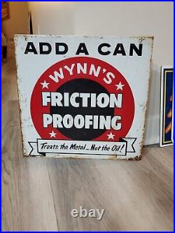 C. 1960s Original Vintage Wynn's Friction Proofing Oil Sign Add A Can Rack Topper