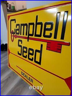 C. 1970s Original Vintage Campbell Seed Sign Metal Embossed Farm Corn Hog Pig NOS