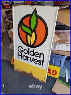 C. 1970s Original Vintage Golden Harvest Sign Metal Embossed Seed Corn Dairy Farm