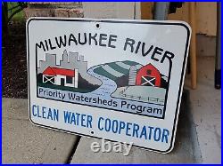 C. 1970s Original Vintage Milwaukee River Sign Clean Water Metal Farming Seed Cow