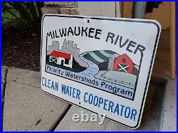 C. 1970s Original Vintage Milwaukee River Sign Clean Water Metal Farming Seed Cow