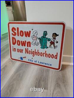 C. 1970s Original Vintage Slow Down Children Playing Sign Girl Turtle Kid Boy DOT