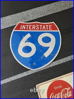 C. 1980s Original Vintage Interstate 69 Sign Metal DOT Highway Gas Oil Indiana