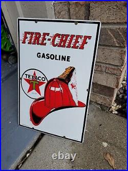 C. 1990 Original Vintage Texaco Fire Chief Sign Metal Porcelain Pump Plate Gas