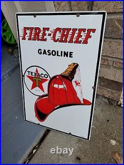 C. 1990 Original Vintage Texaco Fire Chief Sign Metal Porcelain Pump Plate Gas