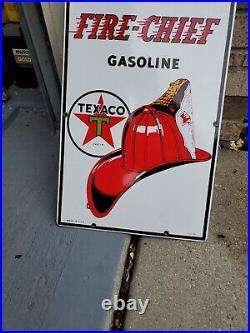 C. 1990 Original Vintage Texaco Fire Chief Sign Metal Porcelain Pump Plate Gas