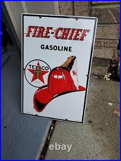 C. 1990 Original Vintage Texaco Fire Chief Sign Metal Porcelain Pump Plate Gas