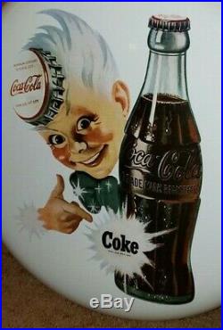 COKE-TACULAR Vintage Coca-Cola Porcelain Enamel 16 Sprite Boy Button Sign MINT