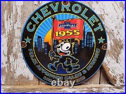 Chevrolet Vintage Porcelain Sign 1955 Felix Car Dealership Sales Service Gas Cat