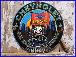 Chevrolet Vintage Porcelain Sign 1955 Felix Car Dealership Sales Service Gas Cat