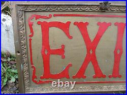 Exquisite Ornate Antique Patinated Brass Theatre Exit Sign Embossed Red Letters