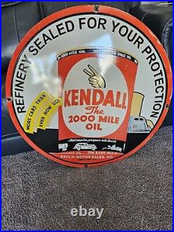 Giant Vintage 1950's Kendall 2000 Mile Motor Oil Porcelain Gas Station Sign 30