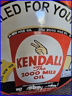 Giant Vintage 1950's Kendall 2000 Mile Motor Oil Porcelain Gas Station Sign 30