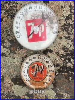 LOT Of 2 Large Antique Vintage 7Up Soda POP Bubble Pam Thermometer Drink Sign