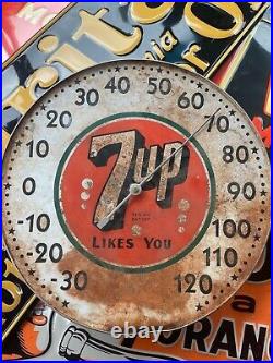 LOT Of 2 Large Antique Vintage 7Up Soda POP Bubble Pam Thermometer Drink Sign