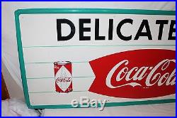 Large Rare Vintage c1960 Coca Cola Fishtail Soda Pop Can & Bottle 60 Metal Sign