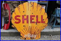 Large Vintage 1930's Shell Gas Station 2 Sided 48 Porcelain Metal Sign