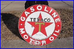 Large Vintage 1930's Texaco Gasoline Motor Oil 2 Sided 42 Porcelain Metal Sign