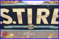 Large Vintage 1940's U. S. Tires Gas Station Oil 73 Embossed Metal Sign