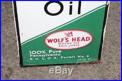 Large Vintage 1968 Wolf's Head Motor Oil Gas Station 82 Embossed Metal Sign