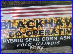 Large Vintage Blaackhawk Corn Seed Porcelain Farm Sign 35 X 12