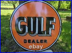 Large Vintage Gulf Gasoline Dealer Porcelain Gas Station Pump Sign 30
