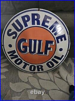 Large Vintage Gulf Supreme Motor Oil Dealer Porcelain Gas Station Pump Sign 30