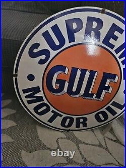 Large Vintage Gulf Supreme Motor Oil Dealer Porcelain Gas Station Pump Sign 30