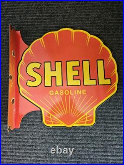 Large Vintage Shell Gasoline Double-sided Porcelain Flange Sign 17