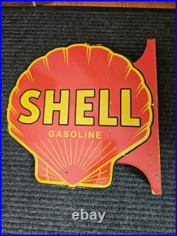 Large Vintage Shell Gasoline Double-sided Porcelain Flange Sign 17